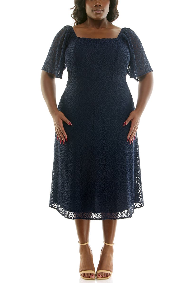 Nina Leonard Lace Flutter Sleeve Midi Dress, Main, color, Navy