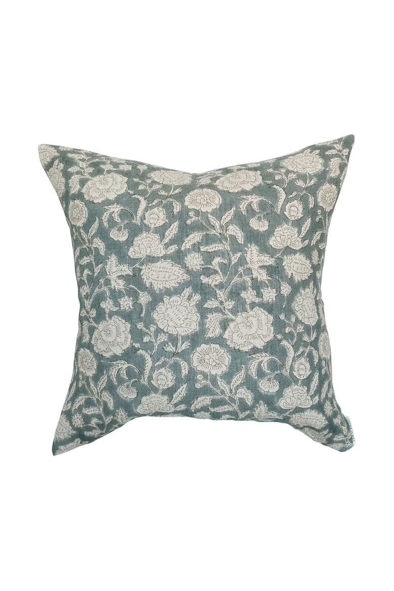Lauren | Dusty Blue Floral Handblock Pillow Cover, Main, color, Dusty Blue