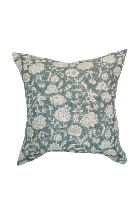 Lauren | Dusty Blue Floral Handblock Pillow Cover