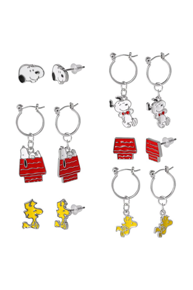 Snoopy Enamel 6 Piece Earring Set, Studs and Hoops, Main, color, Multicolor
