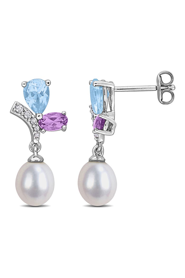 6.5-7mm Cultured Freshwater Pearl & Gemstone Cluster Earrings, Main, color, MULTI/ SILVER