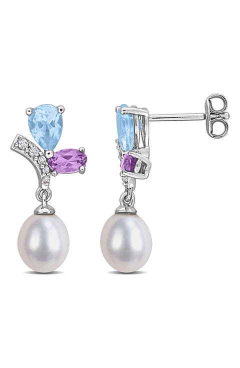 6.5-7mm Cultured Freshwater Pearl & Gemstone Cluster Earrings
