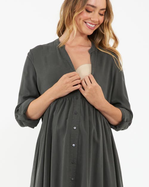 Ripe Maternity Stylish Navy Demi Tencel Shirtdress For Maternity And Nursing In Green