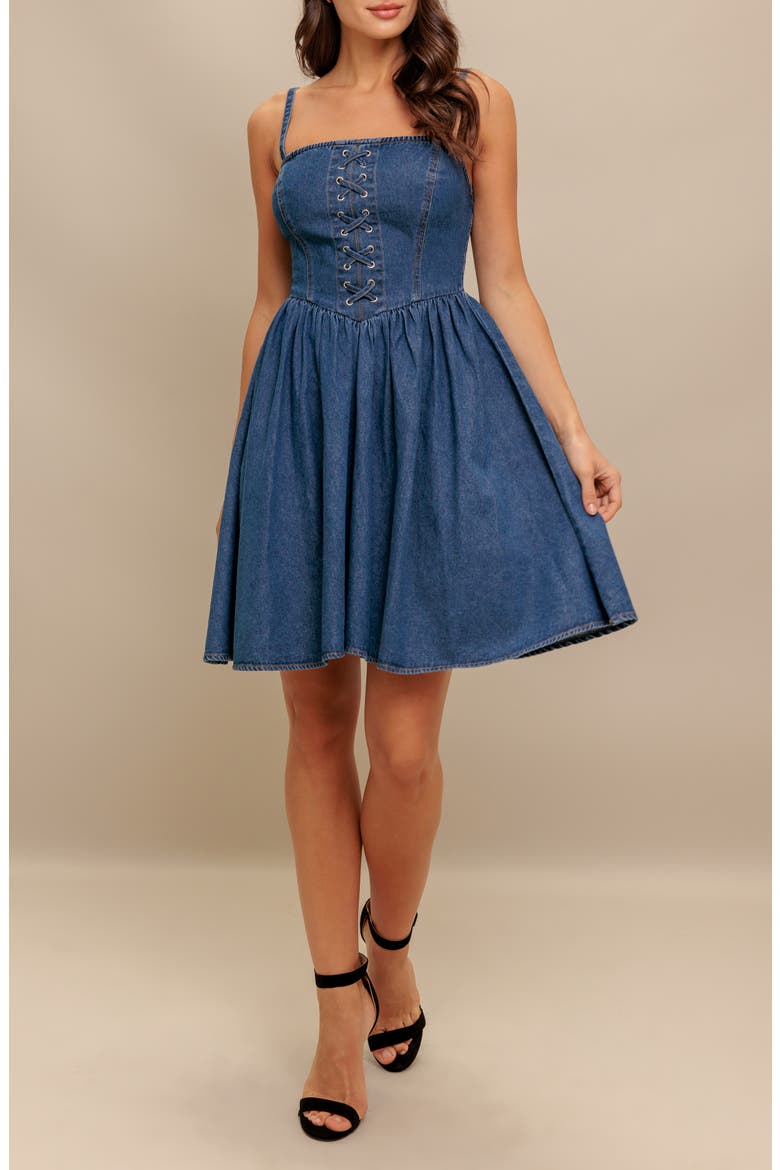 Lace-Up Denim Minidress, Alternate, color, MEDIUM INDIGO