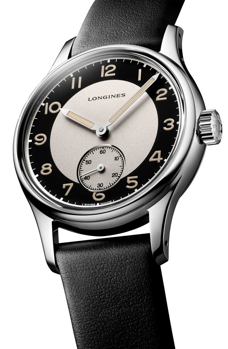 Longines Heritage Classic Automatic Leather Strap Watch, 38.5mm, Alternate, color, Silver/ Black