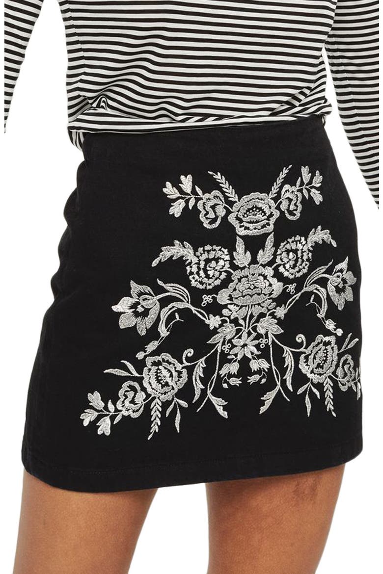 Floral Embroidered A-Line Skirt, Main, color, BLACK MULTI
