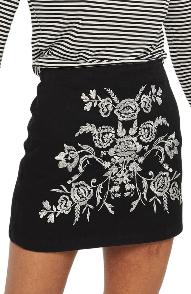 Topshop Floral Embroidered A-Line Skirt, Main, color, 