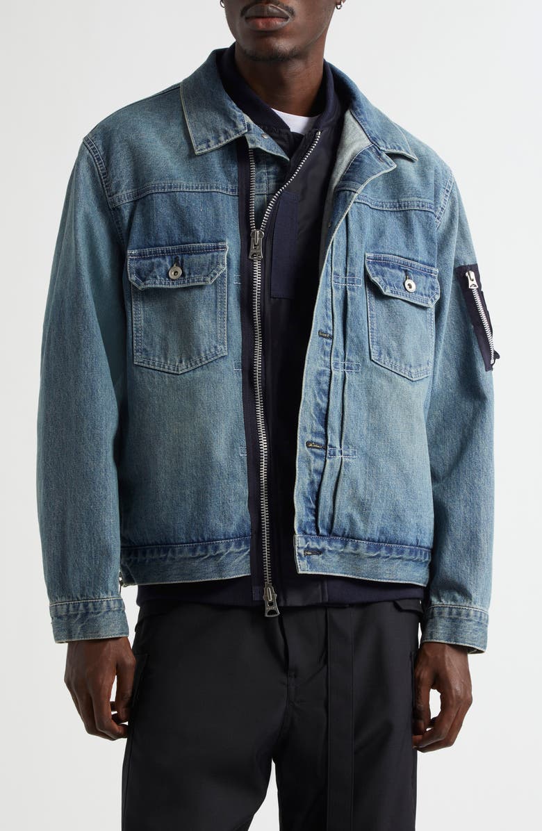 Sacai Layered Mixed Media Trucker Jacket, Main, color, Light Blue