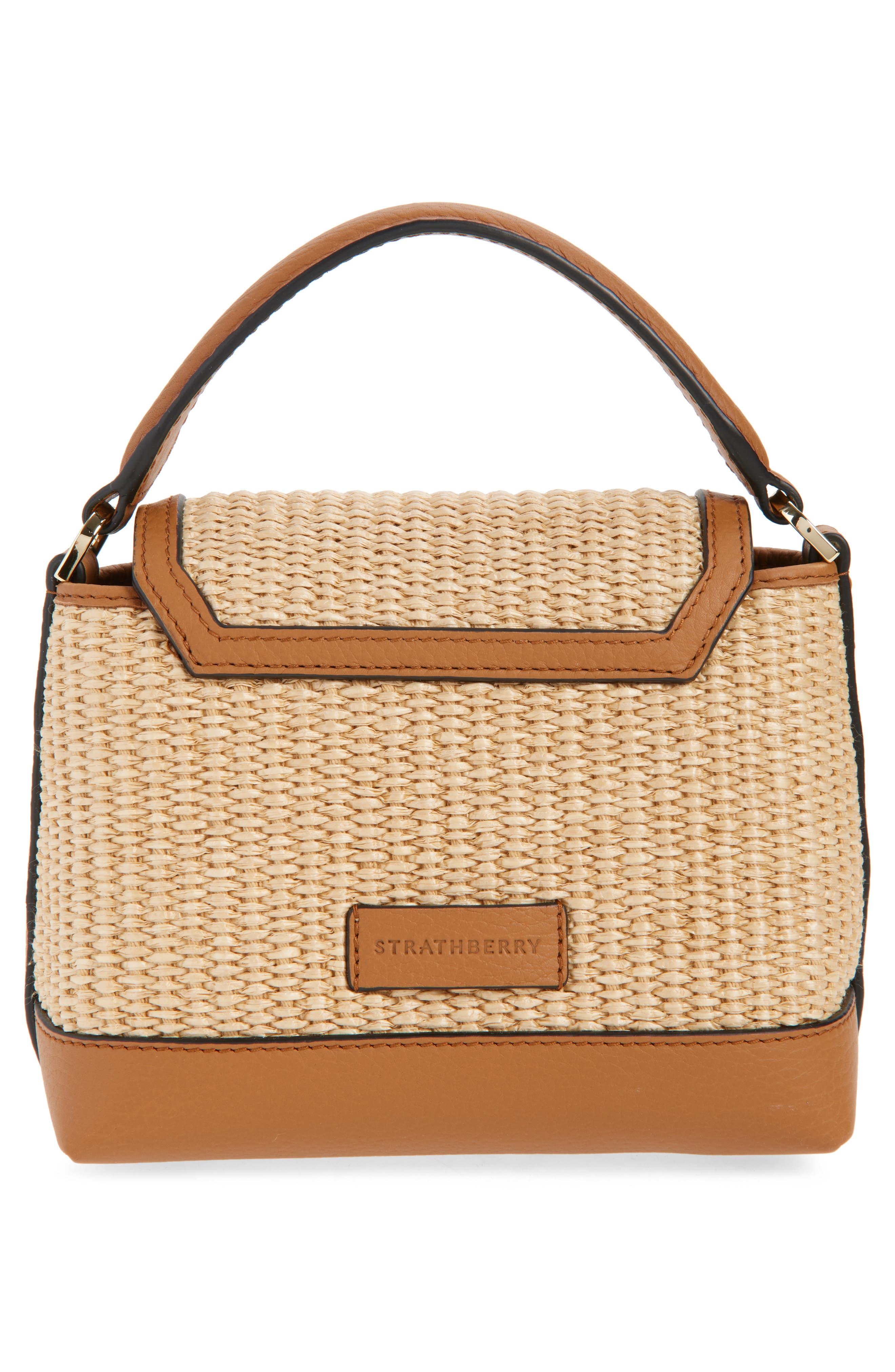 Strathberry Nano Mosaic Raffia & Leather Top Handle Bag, Alternate, color, Tan/ Natural