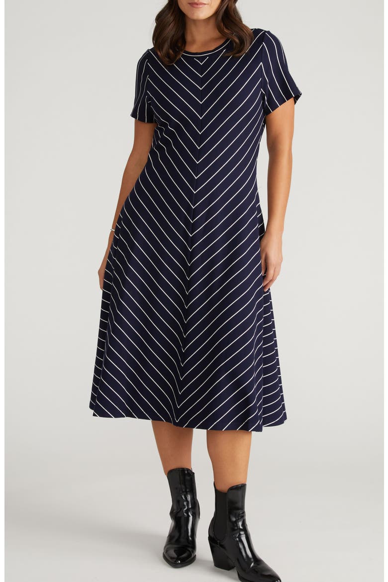 Imani Chevron Stripe Ponte Knit Dress, Main, color, NAVY BLUE PINSTRIPE