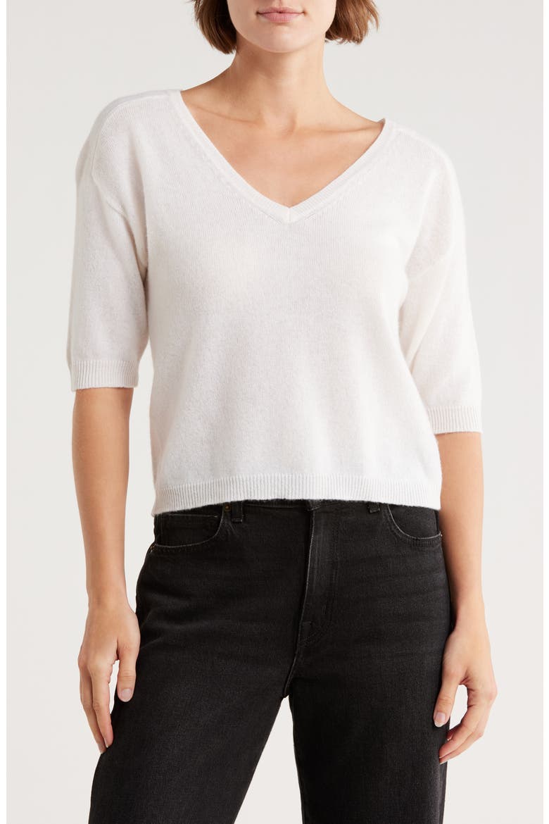Cashmere V-Neck Elbow Sleeve Sweater, Main, color, FROST WHITE