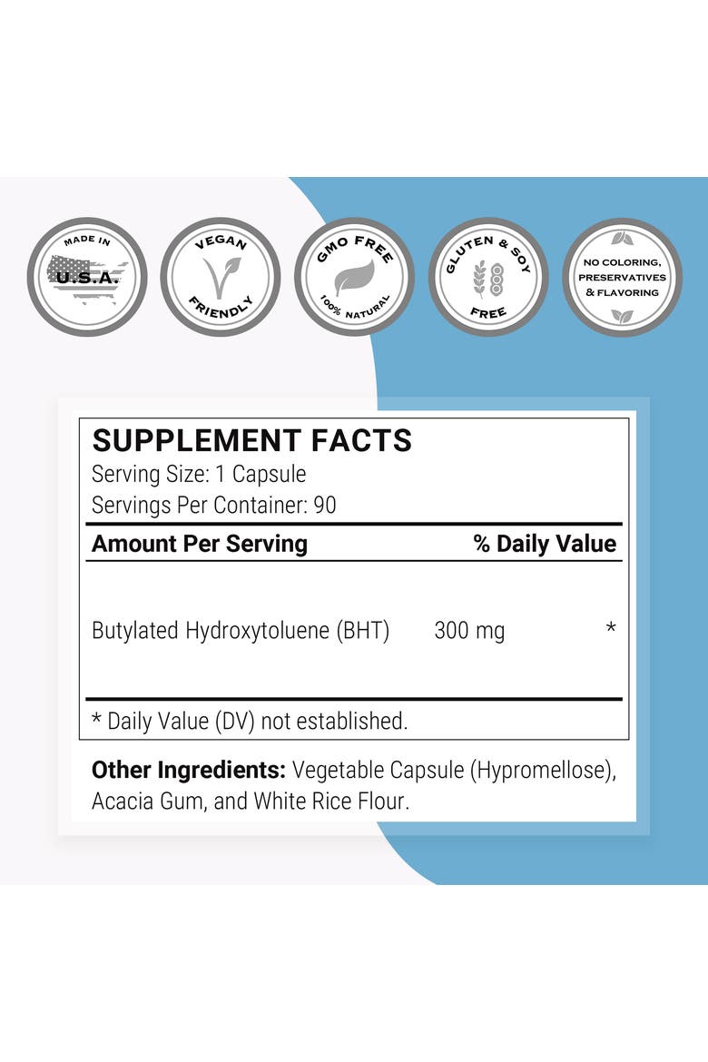BHT Supplement 300mg per Day, Alternate, color, None