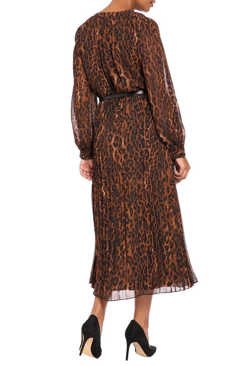 Button Up Pleated Long Sleeve Midi Dress, Alternate, color, GOLD/ BROWN