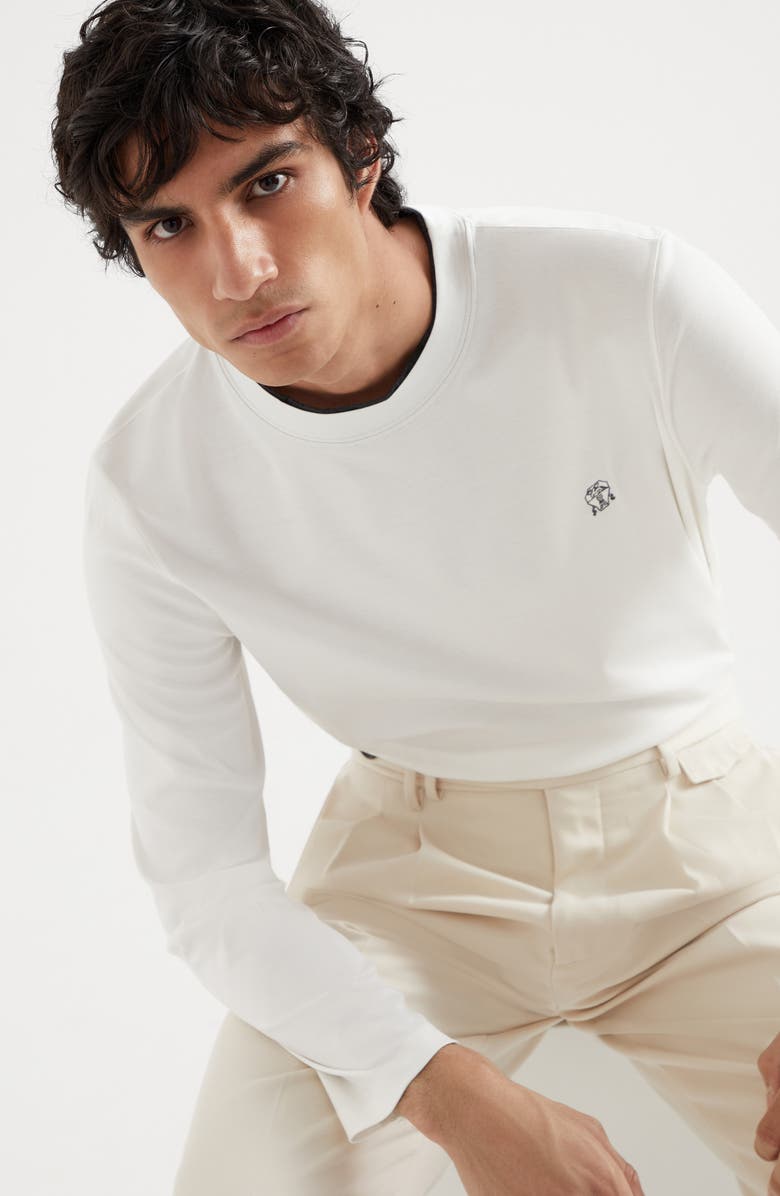 Brunello Cucinelli Cotton jersey long sleeve crew neck T-shirt with logo and faux-layering, Alternate, color, 