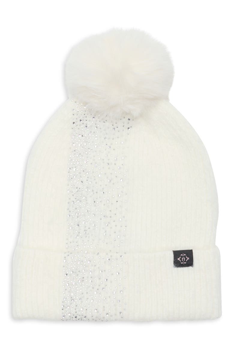 Mixed Knit Faux Fur Pom Beanie, Main, color, WHITE