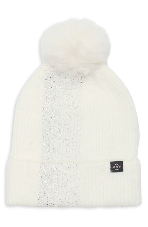 Mixed Knit Faux Fur Pom Beanie