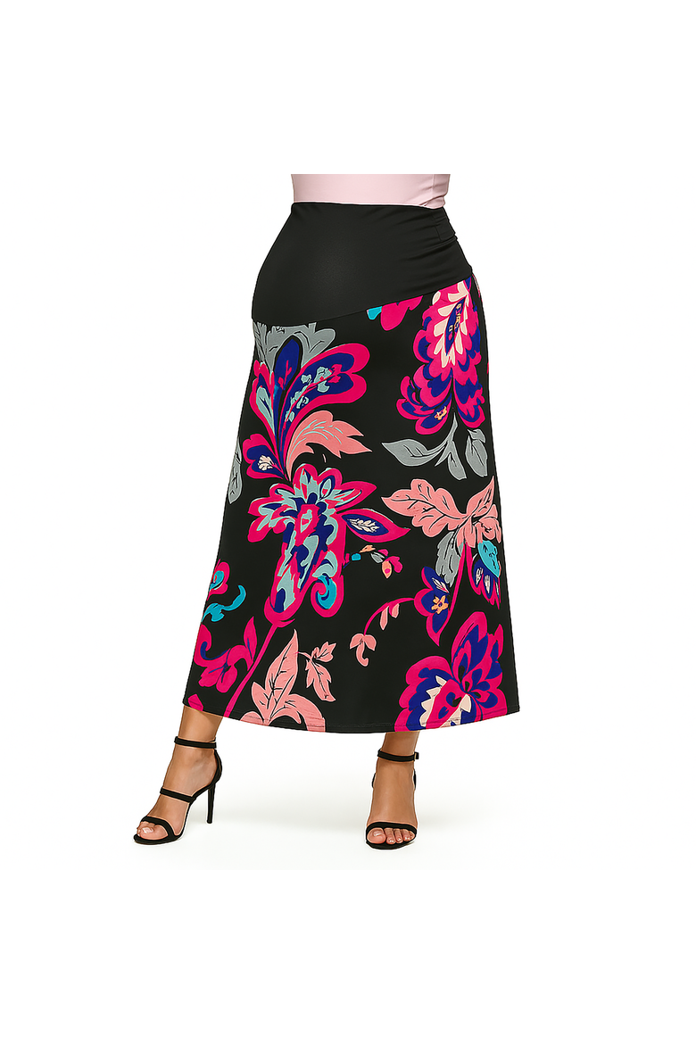 Maternity Black and Pink Paisley Elastic Waist A-Line Maxi Skirt, Main, color, Pink Multi