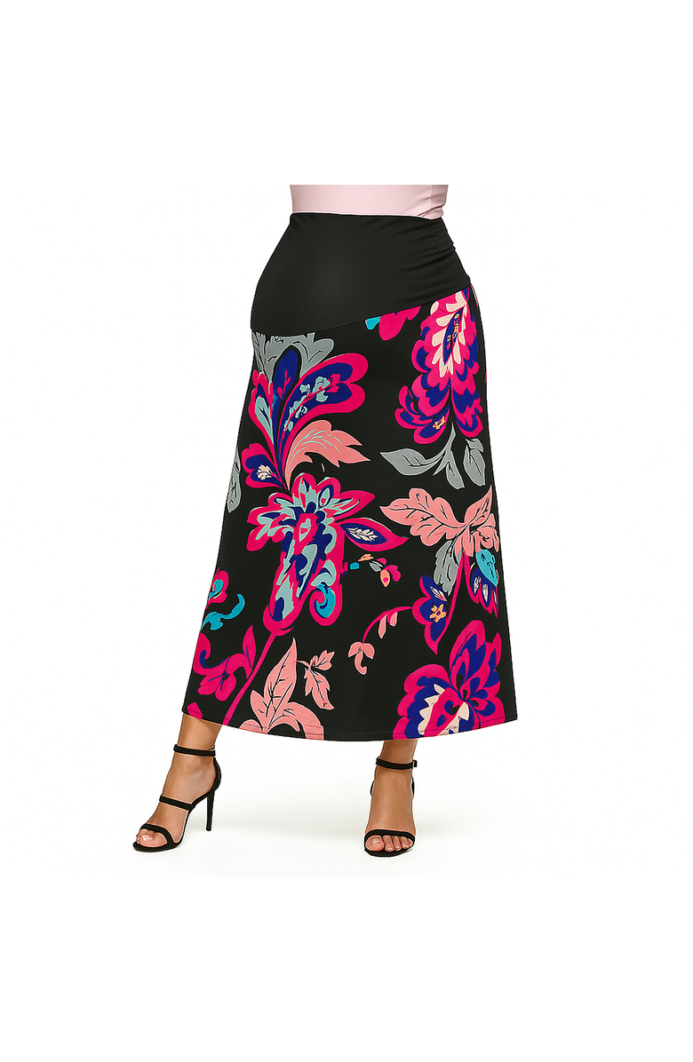 24seven Comfort Apparel Maternity Black and Pink Paisley Elastic Waist A-Line Maxi Skirt, Main, color, Pink Multi