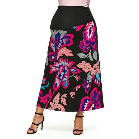Maternity Black and Pink Paisley Elastic Waist A-Line Maxi Skirt