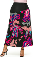 24seven Comfort Apparel Maternity Black and Pink Paisley Elastic Waist A-Line Maxi Skirt
