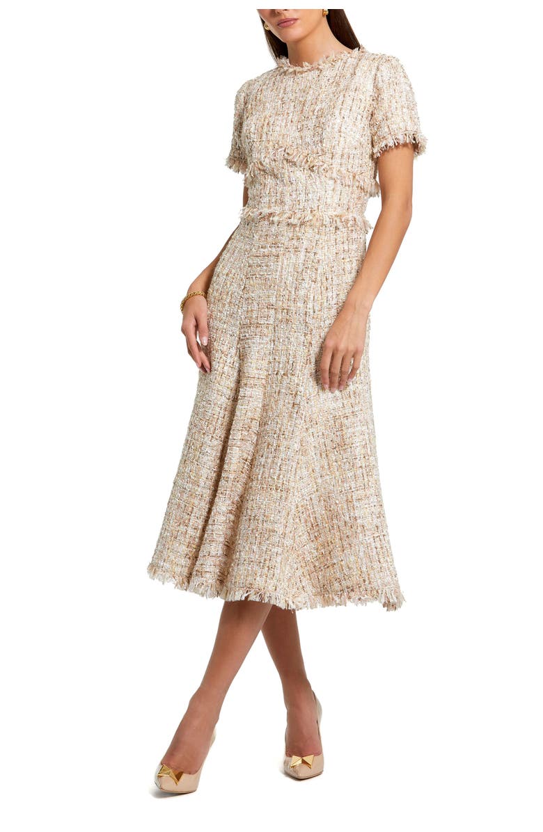 Mac Duggal Petite Boucle Short Sleeve A Line Midi Dress, Main, color, Blush