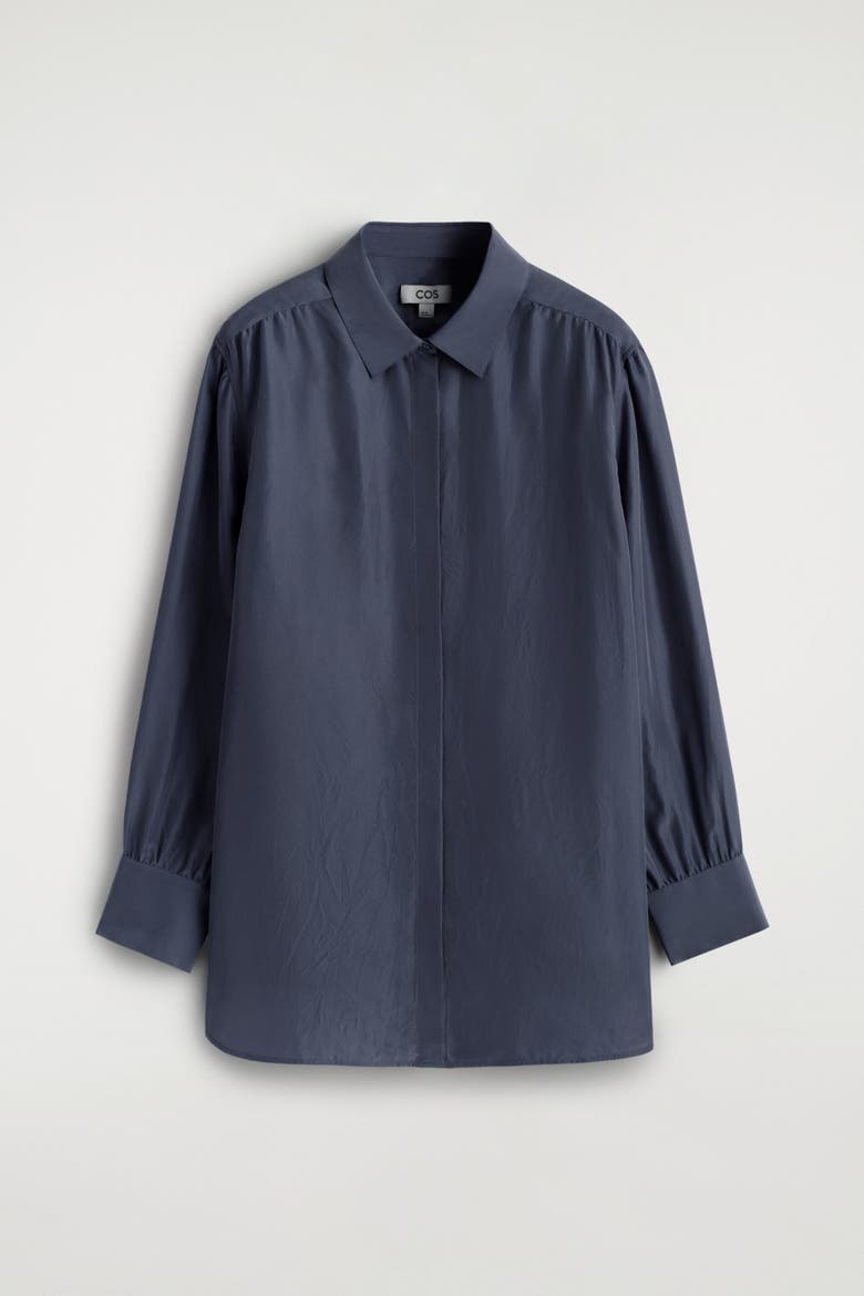 Gathered Crinkled-silk Shirt, Alternate, color, NAVY