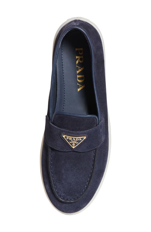 Prada Enamel Triangle Logo Suede Loafers In Bleu