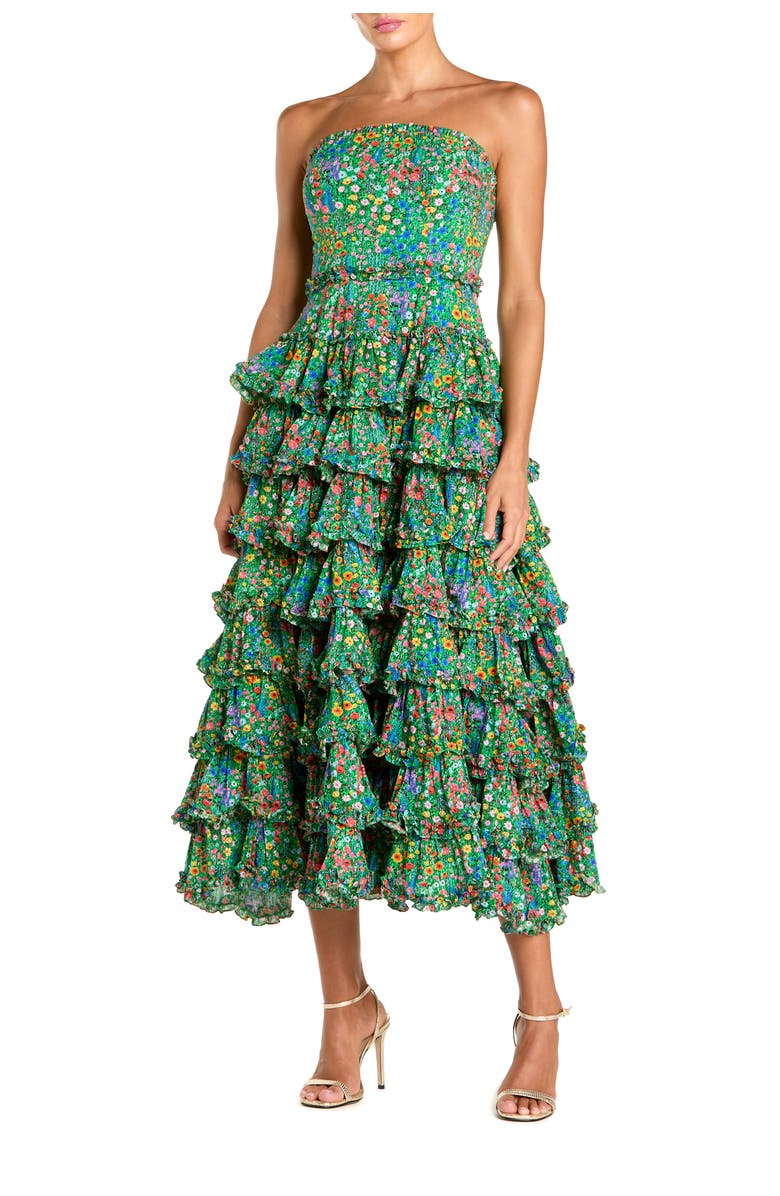 Mac Duggal Floral Cotton Strapless Tiered Ruffle Midi Dress, Main, color, Green Multi