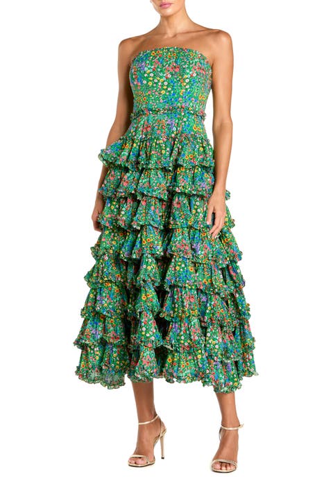 Floral Cotton Strapless Tiered Ruffle Midi Dress