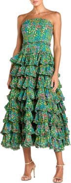 Mac Duggal Floral Cotton Strapless Tiered Ruffle Midi Dress