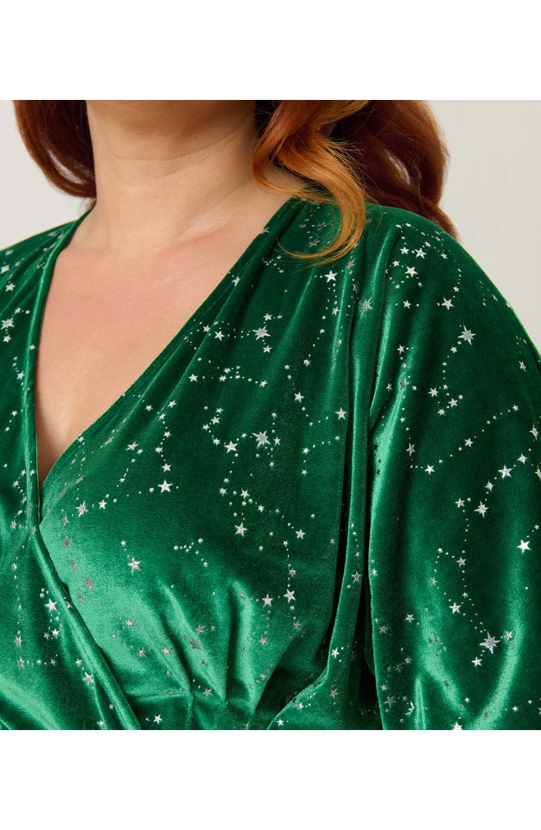 Unique Vintage Plus Size Velvet Tie Wrap Surplice Midi Dress, Alternate, color, Green & Silver