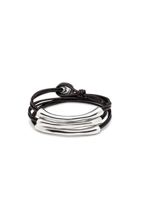 Unode50 Leather Bracelet With Three Sterling Silver-plated Strands In Silver