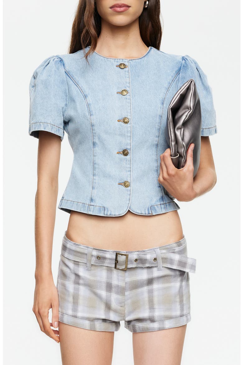 Puff Sleeve Denim Shirt, Main, color, LIGHT DENIM