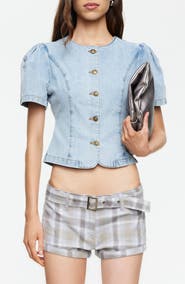 LIONESS Puff Sleeve Denim Shirt