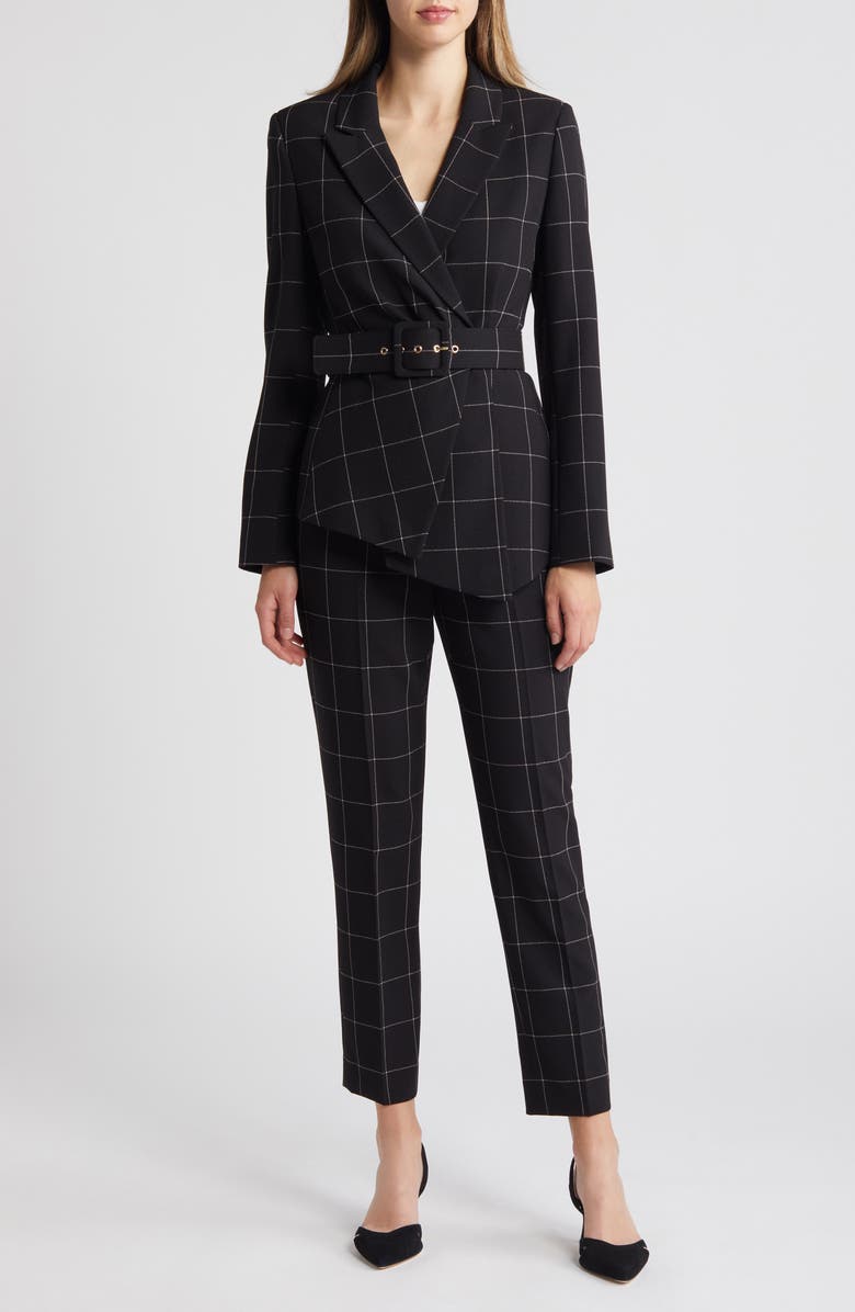 Tahari ASL Windowpane Check Belted Blazer & Pants Set, Main, color,