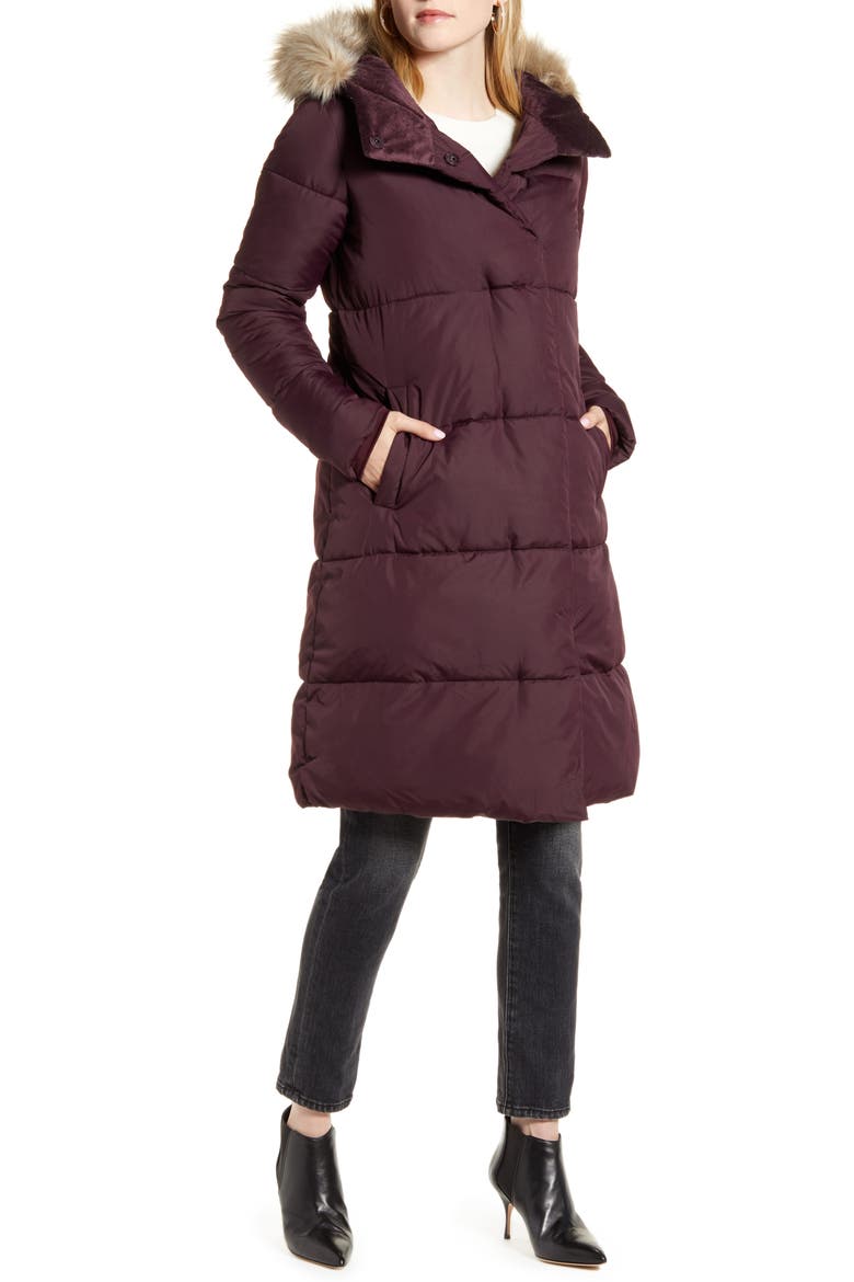 Hooded Puffer Coat with Faux Fur Trim, Alternate, color, RED GRAPE