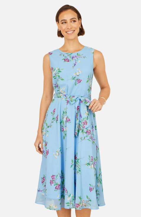 Sleeveless Tie Waist Printed Midi Dress