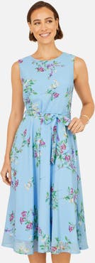 Yumi Sleeveless Tie Waist Printed Midi Dress