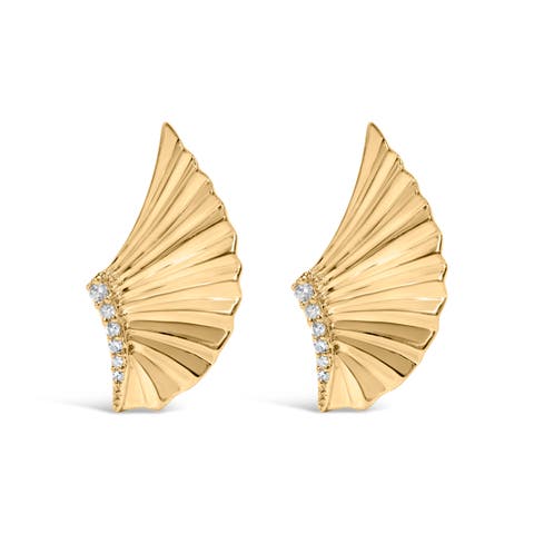 14K Yellow Gold Plated Silver Diamond Accent Fan Wing Stud Earrings