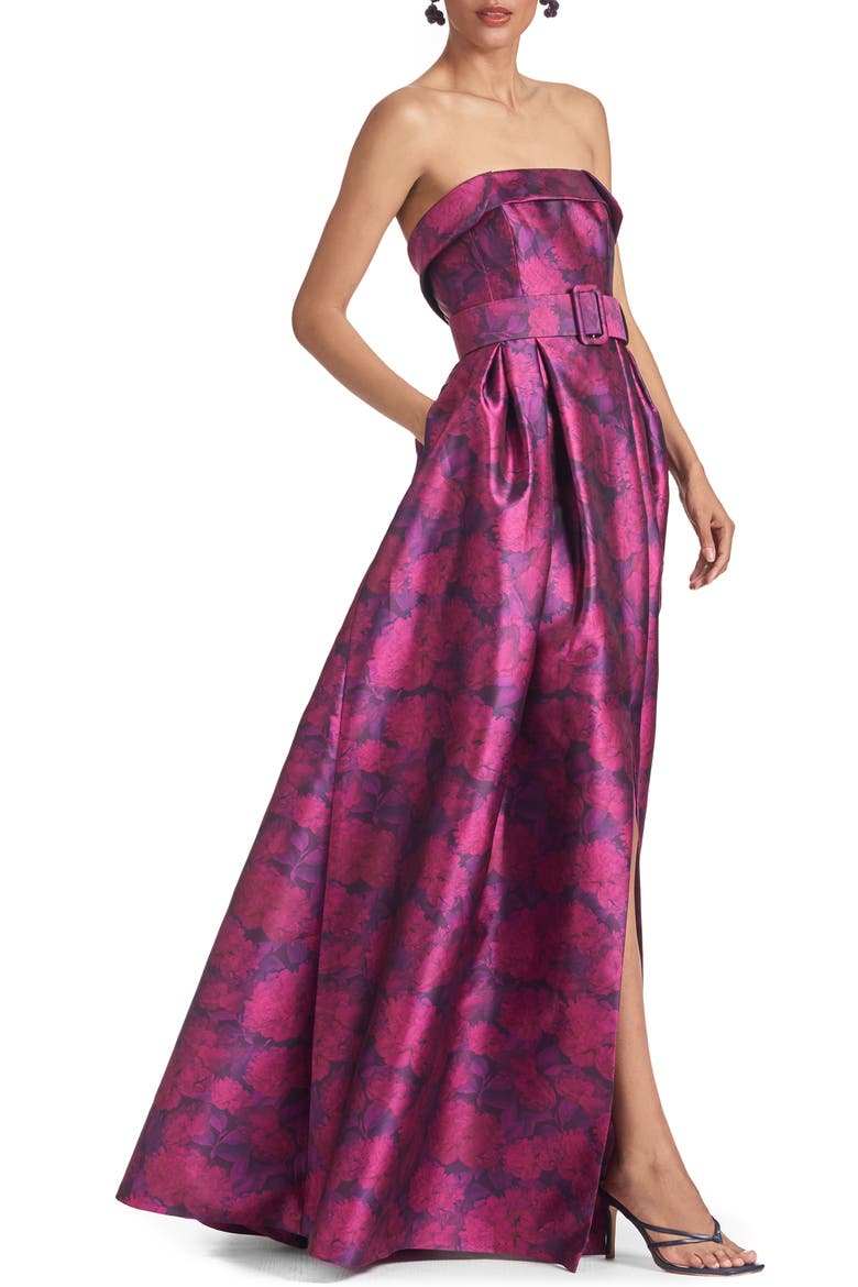 Brielle Floral Strapless Mikado Gown, Alternate, color, MAGENTA BLOOM