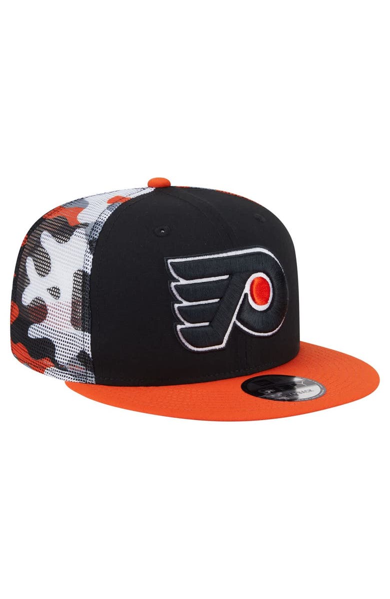 New Era Men's New Era Black/Orange Philadelphia Flyers Camo Meshback 9FIFTY Snapback Hat, Alternate, color,