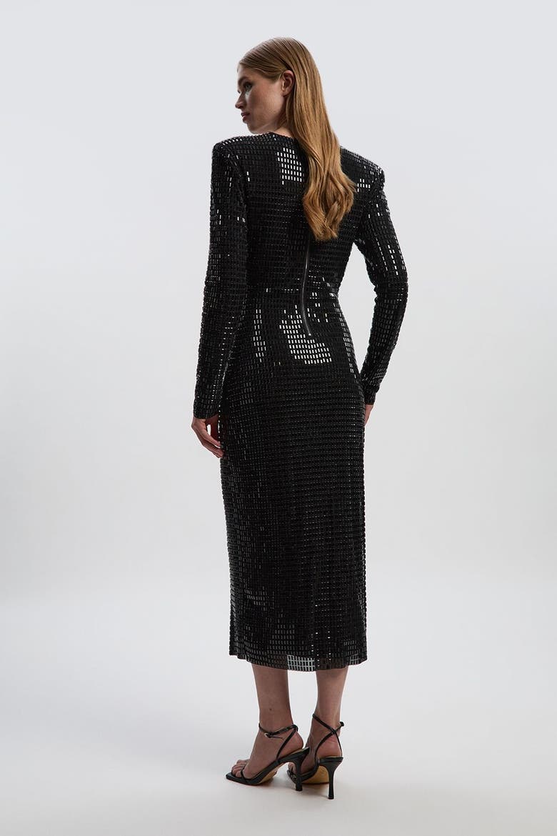 Long Sleeve Plunge Neck Midi Dress, Alternate, color, Black