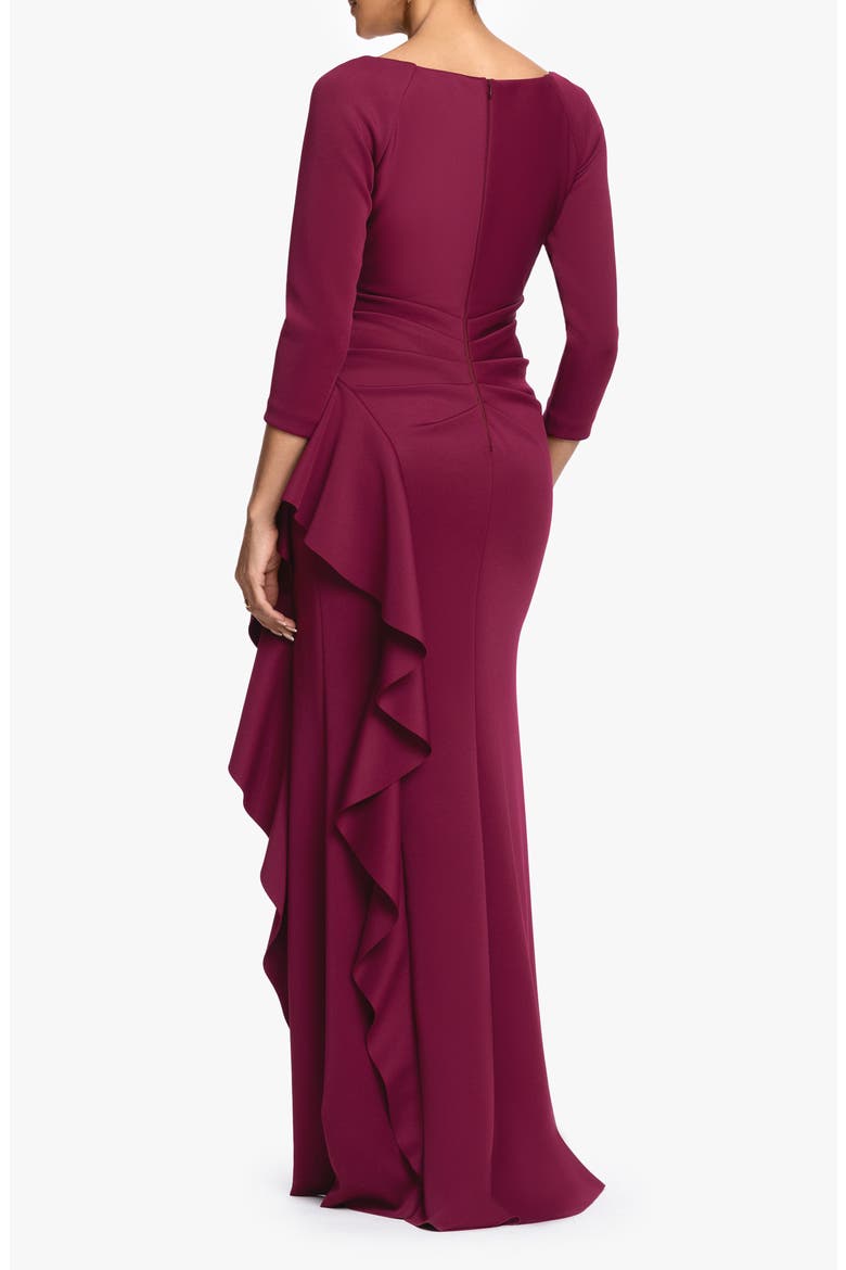 Cascade Ruffle Long Sleeve Scuba Crepe Gown, Alternate, color, WINE