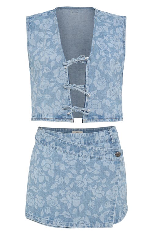 Maaji Blushing Petals Misty Printed Cotton Blend Denim Cover-up Miniskirt In Blue
