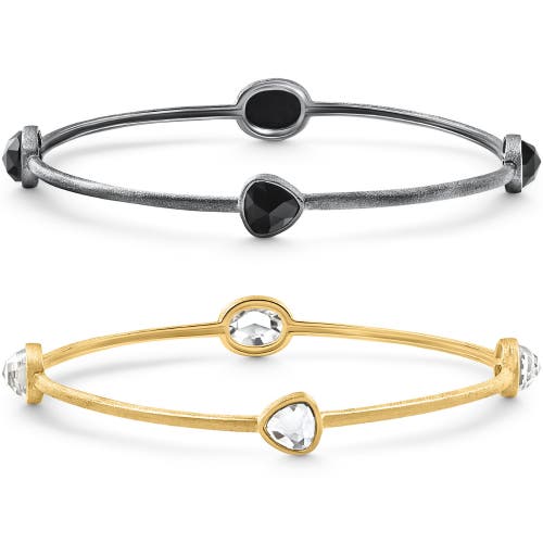 Bliss Diamond 18k Gold Plated Silver Set Of Two Onyx/topaz Bangle Bracelet 2mm In Gold