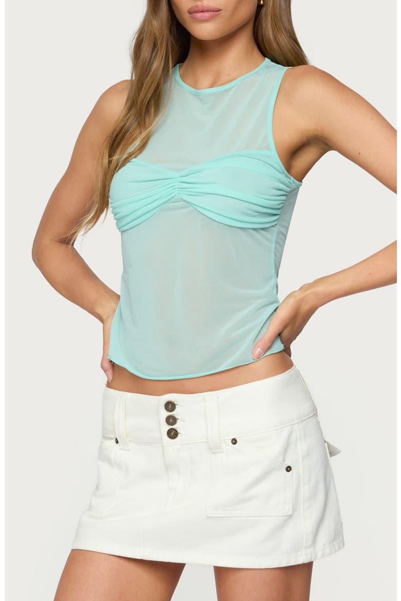 Erica Gathered Overlay Sheer Tank Top, Alternate, color, AQUA BLUE