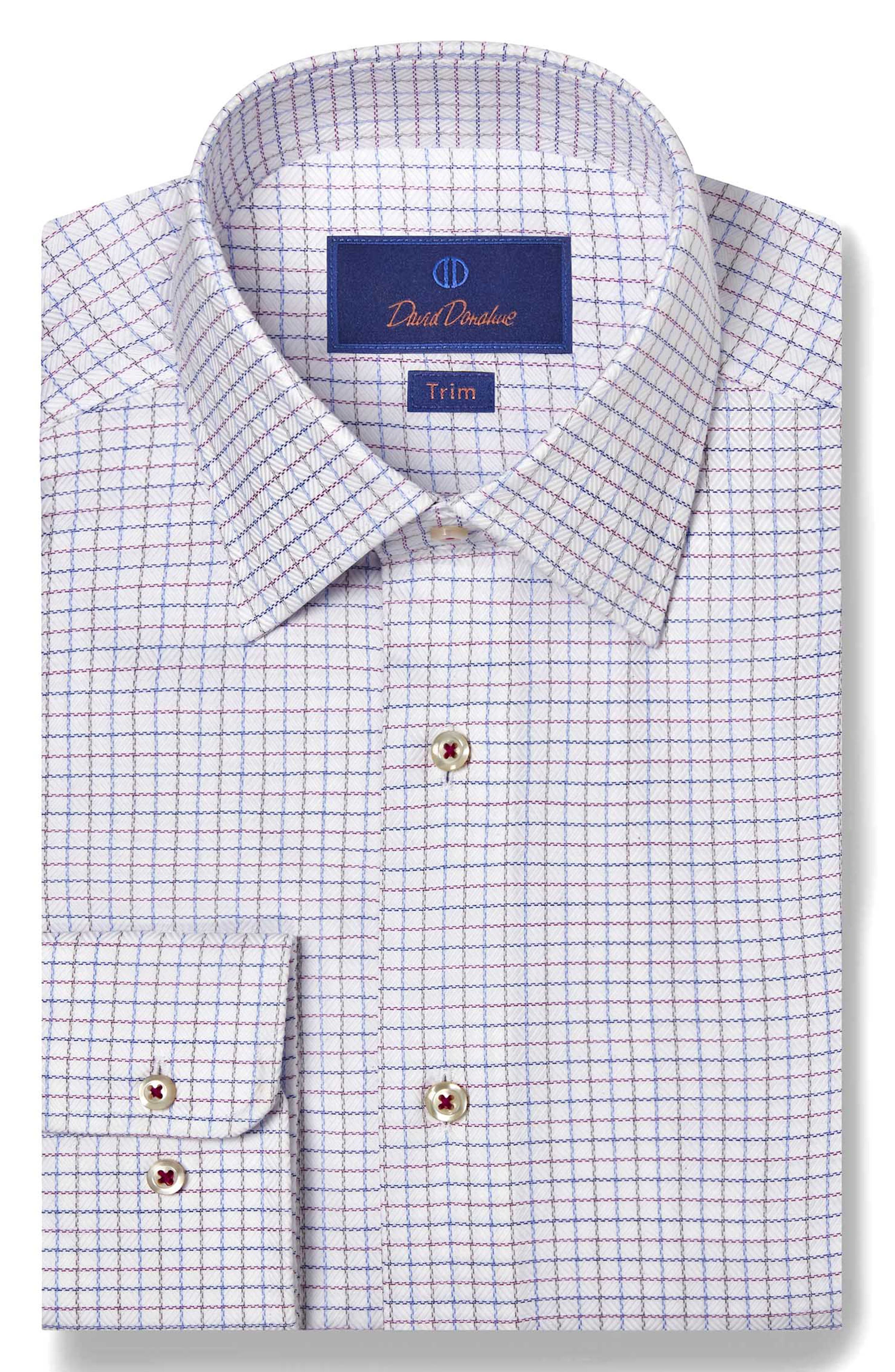 David Donahue Trim Fit Check Cotton Dobby Twill Dress Shirt in White/Purple 
