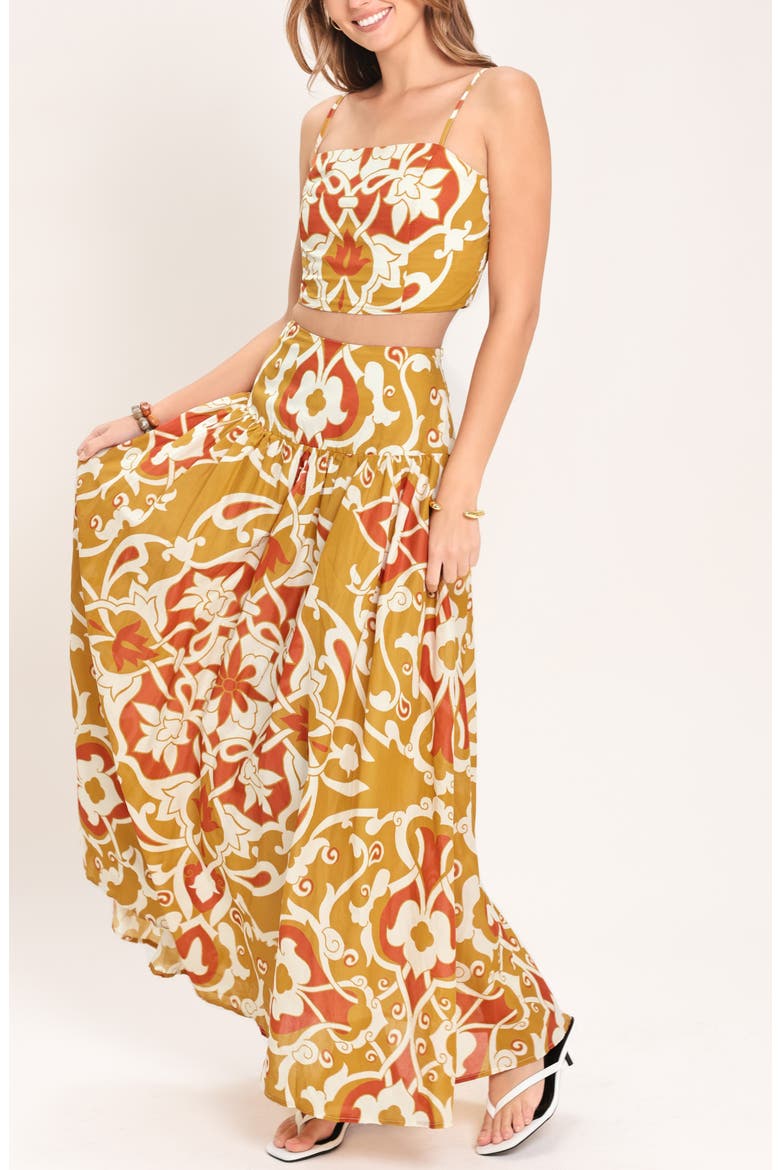 Print Crop Top and Maxi Skirt Set, Alternate, color, CAMEL MULTI