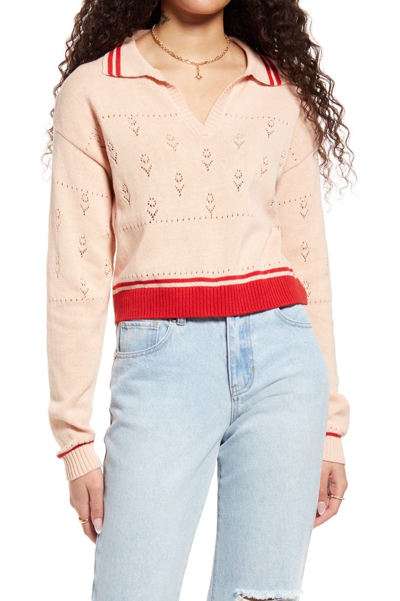 POINTELLE POLO SWEATER, Main, color, PINK HERO
