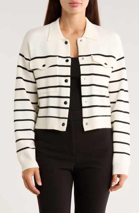 Ellen Tracy Stripe Collared Crop Cardigan